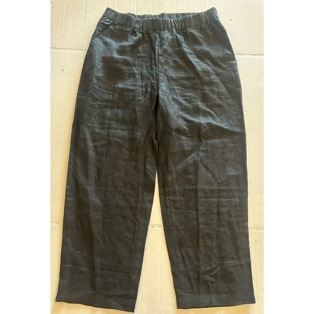 Quince Womens Sz Medium Black European Linen Pants Elastic Waist Cropped Coastal
